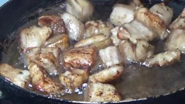 Domuzu parçalara ayır, eti baharatlarla terbiye et ve eti bir tencere yağda kızart.