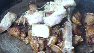 Domuzu parçalara ayır, eti baharatlarla terbiye et ve eti bir tencere yağda kızart.