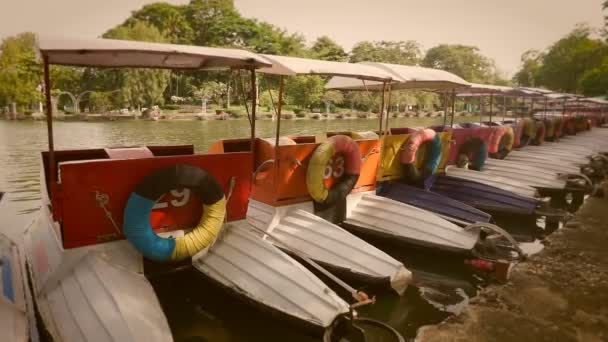 在公园的码头上 五颜六色的脚踏艇停泊在一条长线上 复古风格加工 — 图库视频影像