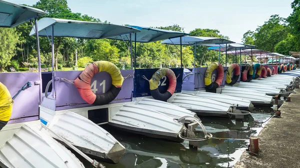 Barcos Pedal Colores Estacionados Una Larga Línea Muelle Parque —  Fotos de Stock