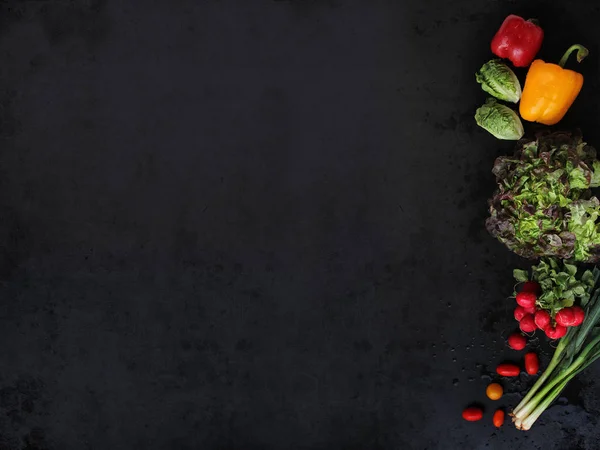 Sałata, papryka, cytryny, bakłażan, świeże organiczne surowe marchewki, rzodkiewki na czarnym tle, strzał z lewej strony z miejsca dla tekstu — Zdjęcie stockowe