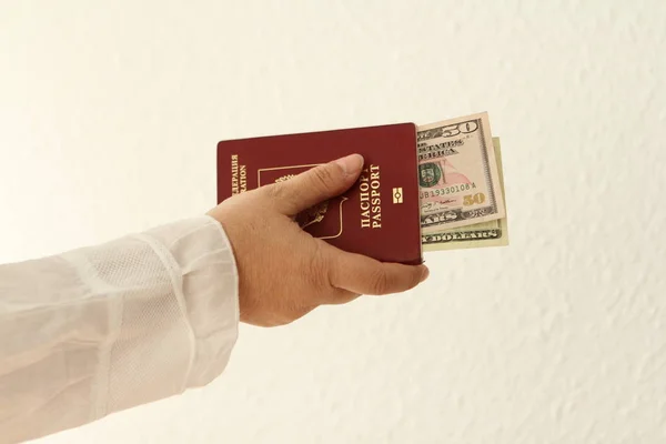 Female hands hold a passport with nested dollar banknotes, close-up on a light background — Stock Photo, Image