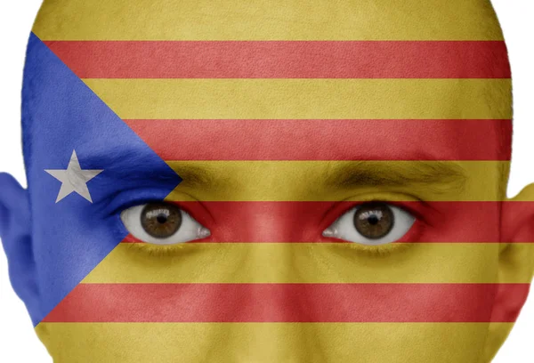 Flag, country, state, symbol, citizenship, immigration, border, visa, travel, face, eyes, male, painted, illustration, in the world, sign, emblem, patriotic, international relations, politics, Spain, — Stock Photo, Image