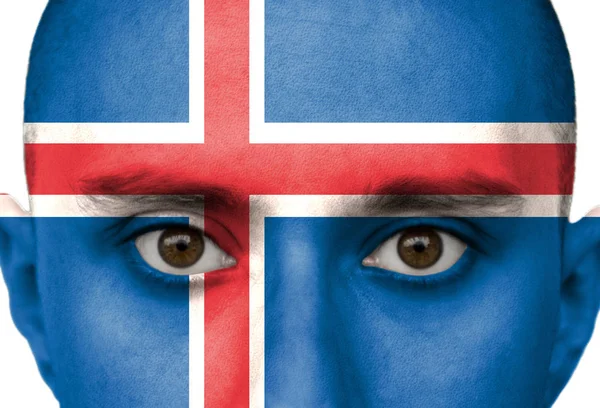 Medborgare sjunker Island färgad avbildad i Paint på en mans ansikte närbild, isolerad på en vit bakgrund — Stockfoto