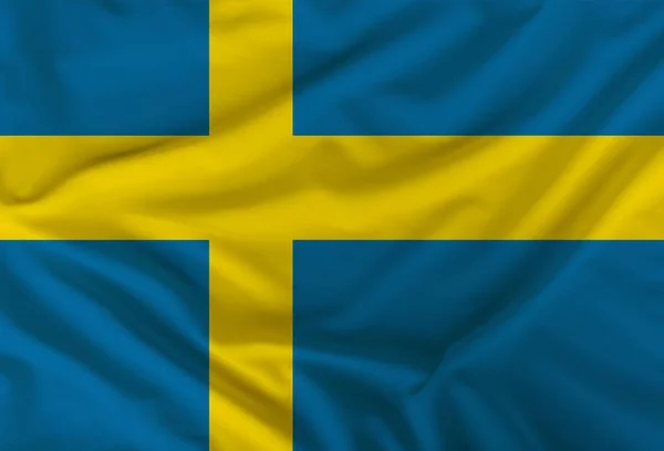 Švédský barevný praporek znázorněné na hedvábné tkanině s měkkými záhyby — Stock fotografie