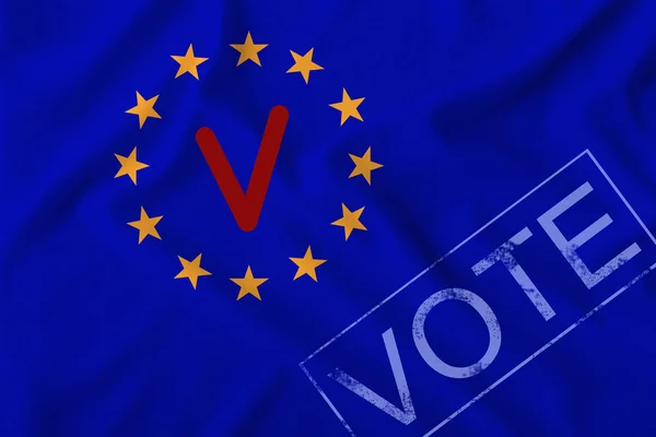 Gele sterren, rood vinkje en stemstempel op de achtergrond van de vlag en stemstempel van de Europese Unie, concept van verkiezingen voor het Europees Parlement — Stockfoto