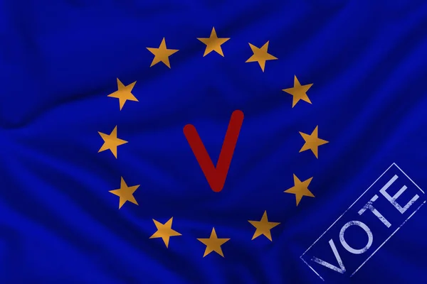 red check mark and voice stamp on the background of the European Union flag and voice stamp, concept of elections to the European Parliament