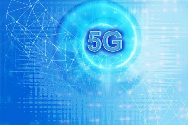 Sanal ekranda mobil 5g simgesi, teknolojik arka plan, ağ arabirimi, mavi arka plan.