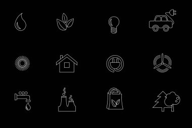 Eko ile ilgili çizgi simgeleri basit kümesi. Elektrikli otomobil, küresel ısınma, orman, sıfır atık, alternatif elektrik, su, su tasarrufu, çevre kirliliği ve daha fazlası gibi simgeleri içerir