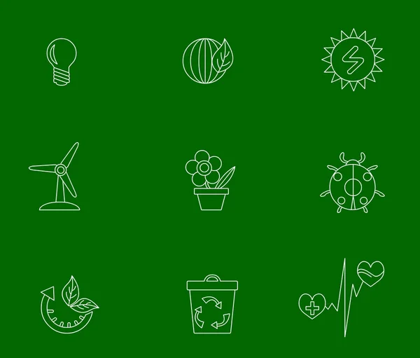 Simple set of eco related line icons. Contains icons such as energy saving, insect protection, waste recycling, organ donation, zero waste, alternative electricity, restoration of natural resources, e — Stock Photo, Image