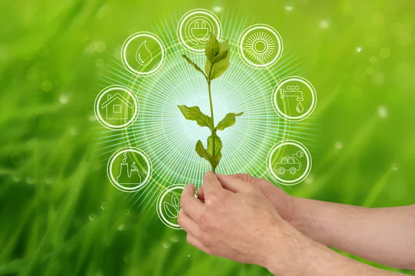 Ręka trzyma glob przed naturą na zielonym liściu z ikonami źródeł energii dla odnawialnych, zrównoważonego rozwoju. Koncepcja ekologii — Zdjęcie stockowe