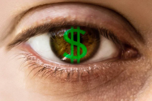 Símbolo del dólar en el ojo masculino, primer plano, macro —  Fotos de Stock