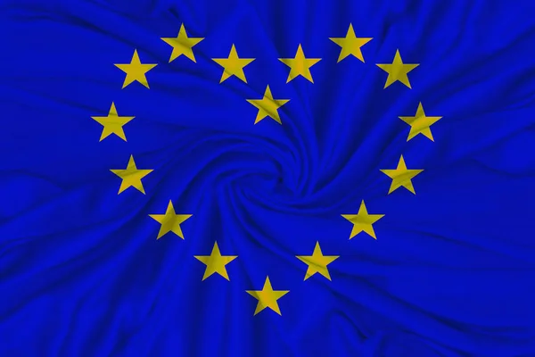 Bandera de la UE sobre textura de seda, estrellas en forma de corazón — Foto de Stock