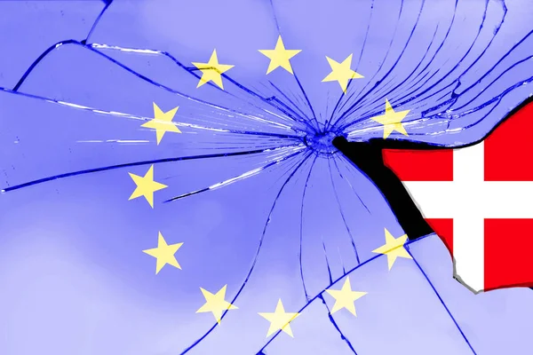 light blue EU flag on the texture broken into sharp fragments of translucent glass with a separate fragment of the flag of Denmark, the concept of a country exit from the EU