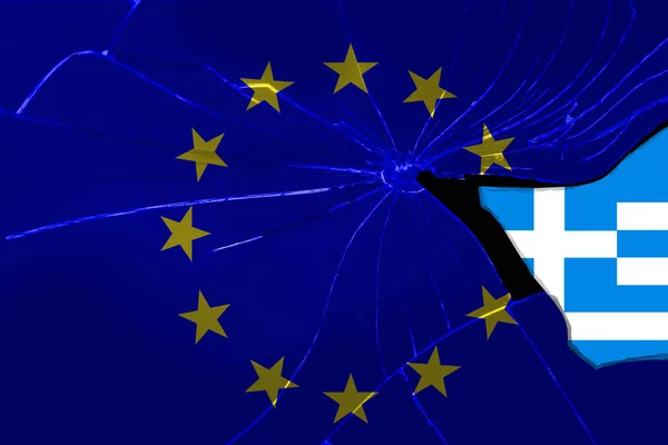 EU flag on the texture of broken into sharp fragments of glass with a separate fragment of the flag of Greece, the concept of a country exit from the EU