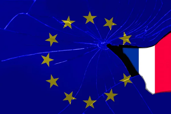 EU flag on the texture of broken into sharp fragments of glass with a separate fragment of the flag of France, the concept of the country's exit from the EU