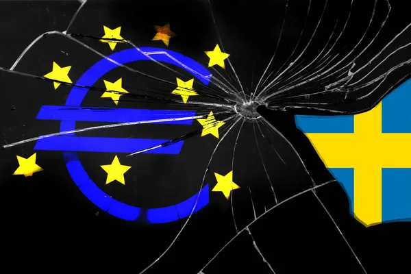 EU flag on the texture of broken into sharp fragments of black glass with a separate fragment of the flag of Sweden, the concept of a country exit from the EU