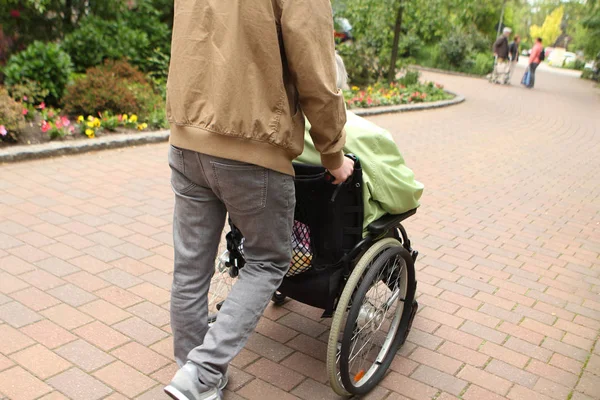 Un hombre en jeans grises lleva a una anciana, una persona discapacitada en una silla de ruedas en la calle para dar un paseo, vista trasera —  Fotos de Stock
