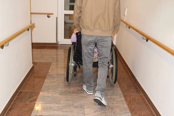 Мужчина в серых джинсах несет инвалида в инвалидной коляске по коридору комнаты, вид сзади — стоковое фото