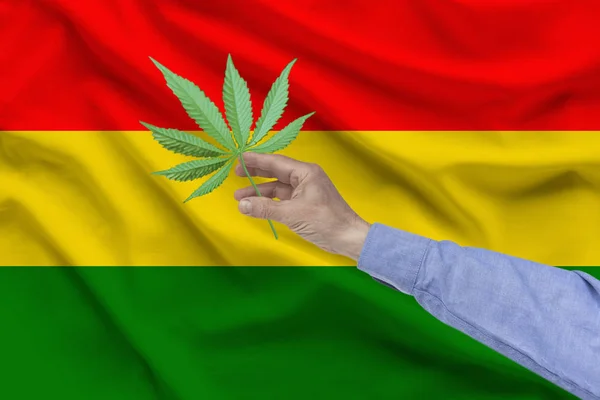 Mannelijke hand houden een blad van marihuana op de achtergrond van de zijde nationale vlag van Bolivia met plooien, het concept van legalisering van drugs in het land — Stockfoto