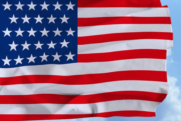 Beautiful silk flag of the USA with soft folds in the wind against a blue sky — Stock Photo, Image