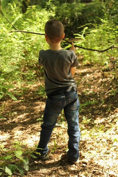 Jongen, school jongen speelt met een stok in het Park, achteraanzicht — Stockfoto