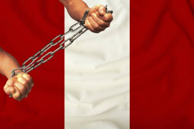 erkek elleri rüzgarda kıvrımları ile nazik ipek üzerinde Peru bayrağının arka planına karşı ağır demir zincirler zincirli, insan hakları hareketi kavramı