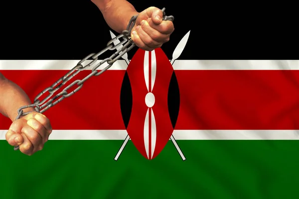 Mani di uomini incatenate in pesanti catene di ferro sullo sfondo della bandiera del Kenya su una seta delicata con pieghe nel vento, il concetto del movimento a sostegno dei diritti umani — Foto Stock