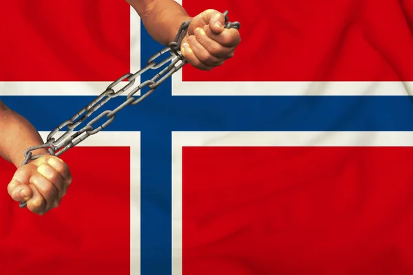 men\'s hands chained in heavy iron chains against the background of the flag of Norway on a gentle silk with folds in the wind, the concept of movement in support of human rights