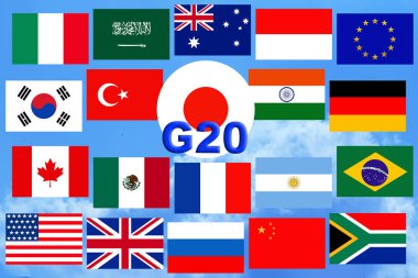 Osaka G20 Büyük zirvesine katılan ülkelerin bayrakları, Japonya mavi gökyüzüne karşı