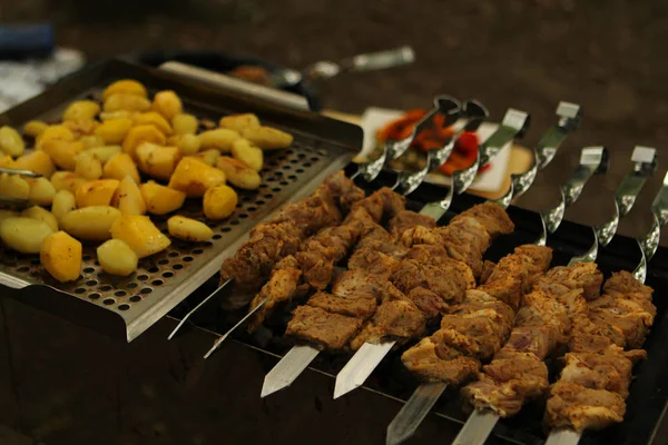 Adam ızgara üzerinde kömürler üzerinde patates bir tabak hazırlar, barbekü üzerinde kömürler üzerinde sebze ile lezzetli ızgara et — Stok fotoğraf