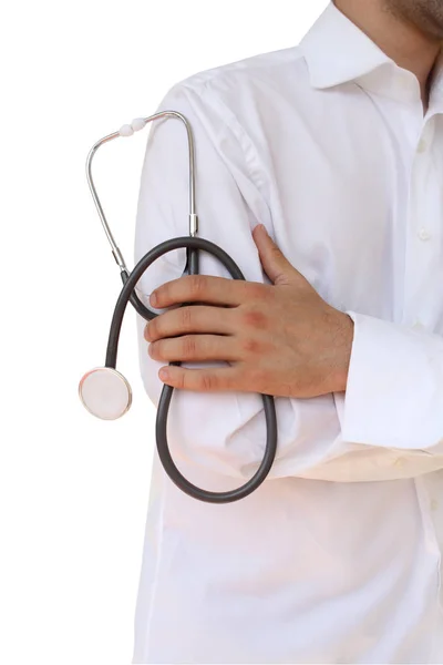 Doctor holds in his hand a stethoscope on white isolated backgro — Stock Photo, Image