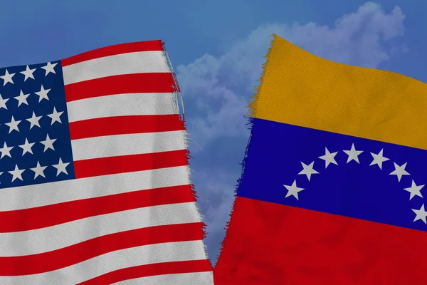 Dos banderas nacionales de Venezuela y América están desgarradas por la tela, el primer plano, el concepto de una ruptura diplomática, las relaciones políticas y económicas entre los países — Foto de Stock