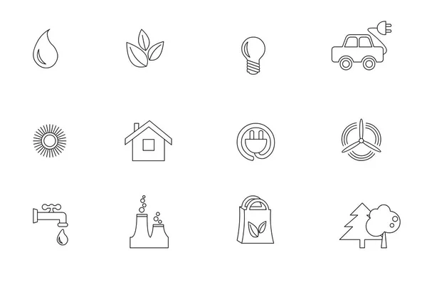 Simple set of eco related line icons. Contains icons such as electric car, global warming, forest, zero waste, alternative electricity, water, water conservation, environmental pollution and more on a — Stock Photo, Image