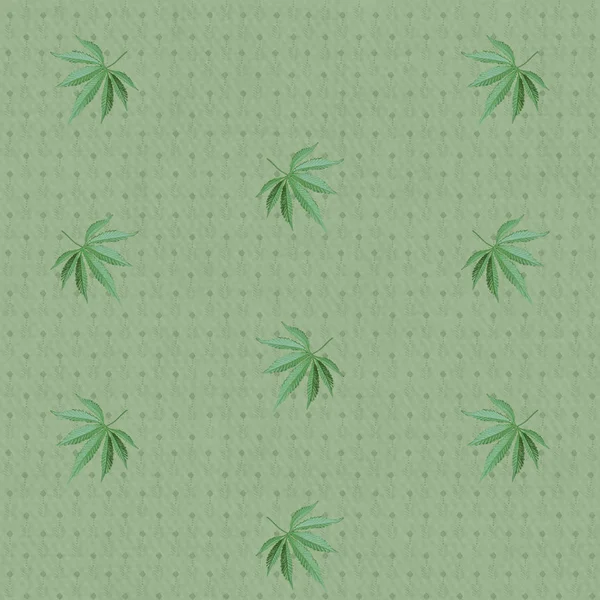 Nahtlose Textur mit einem Muster sich wiederholender Hanfblätter auf grünem Texturhintergrund mit geometrischen Rauten, das Konzept der Legalisierung von Betäubungsmitteln, quadratisch — Stockfoto