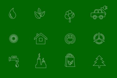 Eko ile ilgili çizgi simgeleri basit kümesi. Elektrikli otomobil, küresel ısınma, orman, sıfır atık, alternatif elektrik, su, su tasarrufu, çevre kirliliği ve daha fazlası gibi simgeleri içerir