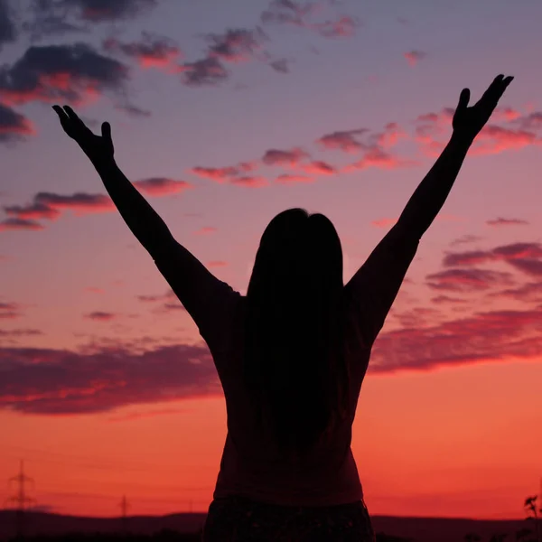 Dark silhouette of a woman in a long dress that raised both hands up to the sky with a beautiful pink sunset with purple clouds, close-up, concept — Stock Photo, Image