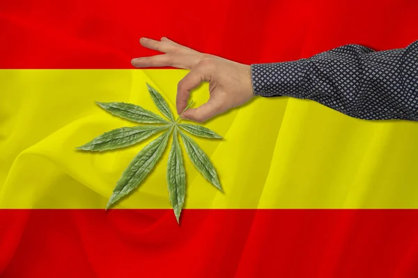 Hoja verde de cannabis en la mano de un hombre en el contexto de una bandera estatal de color, el concepto de legalización, comercio, producción y uso de drogas en el país — Foto de Stock