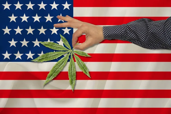 Folha verde de maconha em uma mão de homens no contexto de uma bandeira do estado colorida, o conceito de legalização, comércio, produção e uso de drogas no país — Fotografia de Stock
