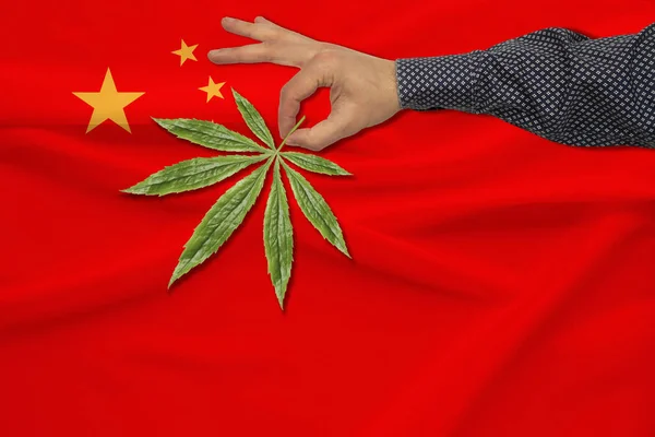 色付きの状態フラグ、合法化、貿易、生産と国の薬物の使用の概念を背景に男の手で大麻の緑の葉 — ストック写真