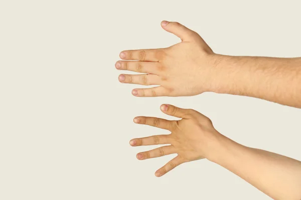 Δύο χέρια, αρσενικό και θηλυκό, με το πίσω μέρος των φοινίκων σε ανοιχτόχρωμο φόντο, κοντινό, αντίγραφο χώρου, απομόνωση — Φωτογραφία Αρχείου