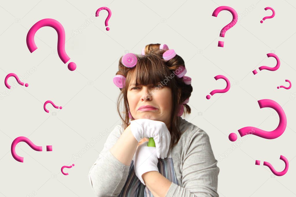 middle-aged woman, a housewife in curlers, with an unfortunate expression on her face rests on a mop with both hands in white gloves, there are a lot of question marks next to her, a light background