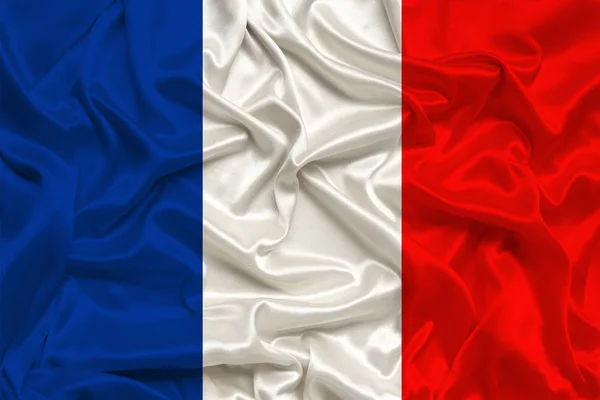 National flag of the country france on gentle silk with wind folds, travel concept, immigration, politics, copy space, close-up — Stock Photo, Image