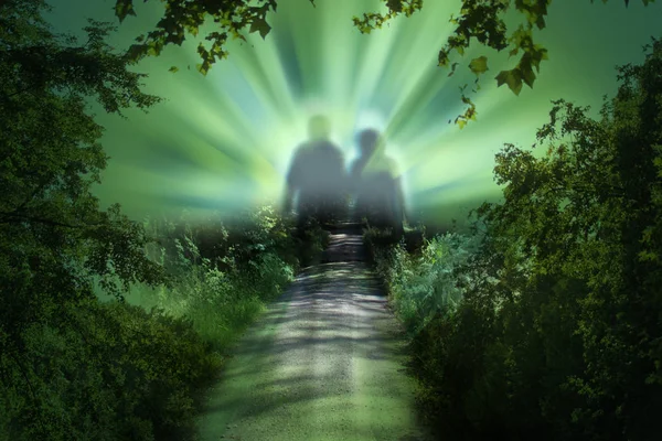 Wazig silhouet van een paar in het bos lopen naar de felle zon langs de weg. Het concept van de dood, het hiernamaals, de transitie, het paradijs, zelfmoord, depressie, geestelijke gezondheidsproblemen — Stockfoto