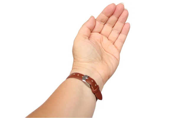 Γυναίκα s χέρι με ένα δερμάτινο λουράκι, τεντωμένο παλάμη, αίτημα έννοια, κοντινό-up, αντίγραφο χώρου — Φωτογραφία Αρχείου