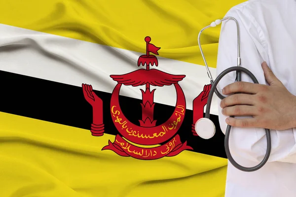 partial photograph of a doctor in uniform against the background of the national flag of the state of Brunei on delicate shiny silk, the concept of medical care and insurance in the country, copy spac