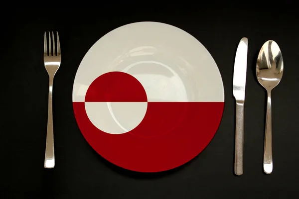 Bandiera della Groenlandia su piatto, forchetta e coltello, primo piano, copiare lo spazio — Foto Stock