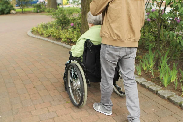 Мужчина несет пожилую женщину в парке инвалида, вид сзади, горизонт сдвинут, чтобы дать динамичную картину — стоковое фото