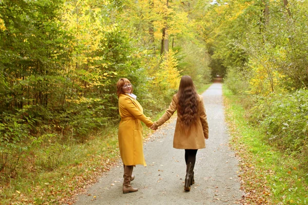iki kişi, anne ve kızı, bir kadın ve bir genç kız el ele tutuşur, sarı bir sonbahar parkında yürümek, düşmüş yaprakları kusmak, aile ilişkileri kavramı, nesiller