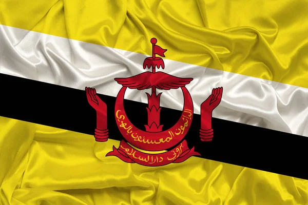 Bandiera nazionale dello stato del Brunei sulla delicata seta lucida, concetto di popolazione del paese, unità, orizzontale, primo piano, spazio copia — Foto Stock
